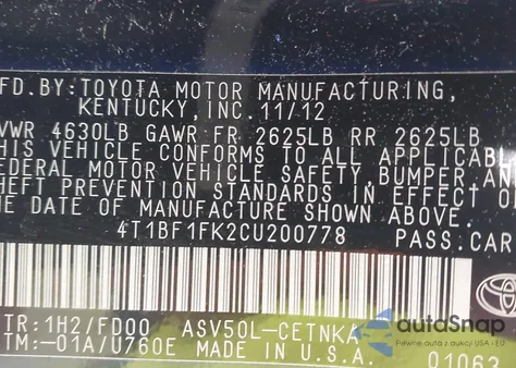 2012 Toyota Camry Le from USA, damaged, VIN 4T1BF1FK2CU200778